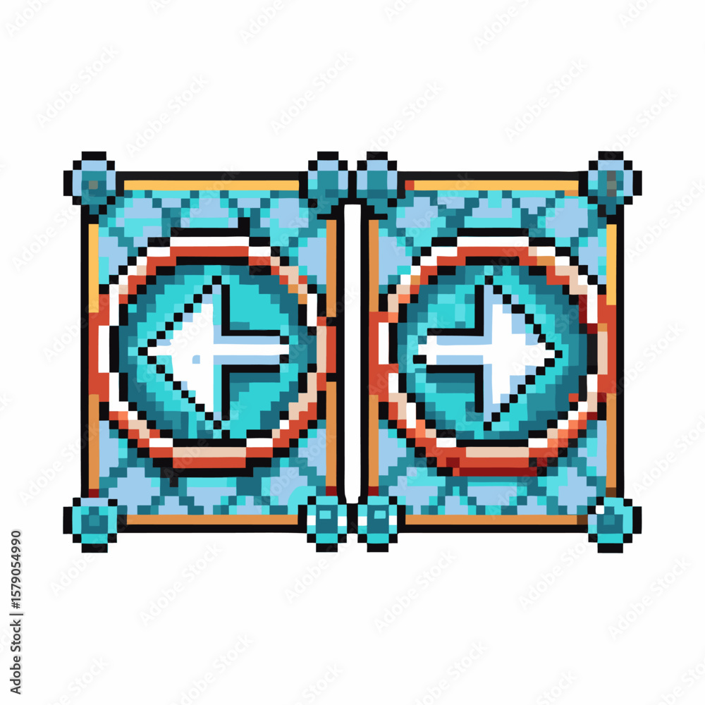 Poster pixelated turquoise buttons with left and right arrows, retro user interface elements for digital ga