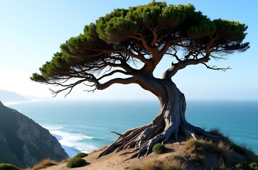 Tranquil Coastal Tree Roots on Clifftop Ocean View ai generated