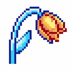 Obraz premium Pixel art wilted yellow flower with bent blue stem and leaf, retro video game plant, withering botanical illustration