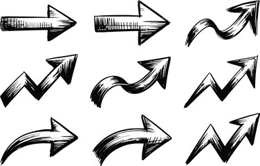 Collection of nine hand drawn black arrows with a sketchy brush stroke style