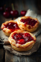 Freshly baked mini fruit pies with cherry apple filling, rustic wooden background, linen napkins, visible juicy red filling, warm and homey atmosphere.
