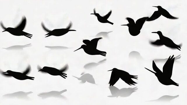 Black bird silhouettes in flight, with soft shadows