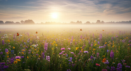Fototapeta premium Sunny hazy field with colorful wildflowers and butterflies trees in the distance