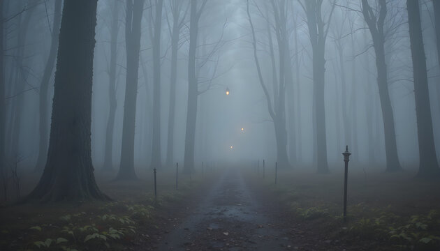 Lighted Lantern on Path Through Foggy Forest