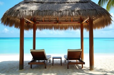Fototapeta premium Tranquil Beach Getaway Lounge Chairs under Tropical Thatch ai generated