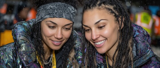 Two smiling biracial women looking down, wearing iridescent jackets outdoors at night Concept of friendship, connection, and urban lifestyle