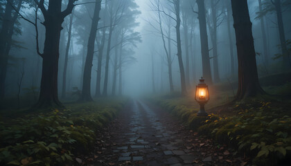 Fototapeta premium A Lighted Lantern on Path Through Foggy Forest house with only skeletal roof beams remaining, ashes covering the yard, emphasizing the cost of rebuilding after fire damage