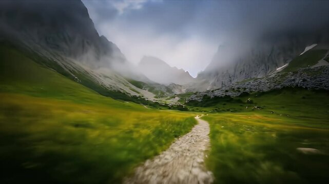 A winding path through green and gold fields leading to distant mountains