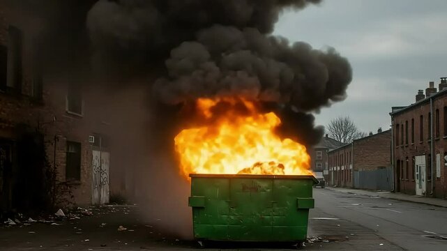 Large Dumpster Fire Burning on Urban Street with Thick Smoke Rising Dramatic Scene