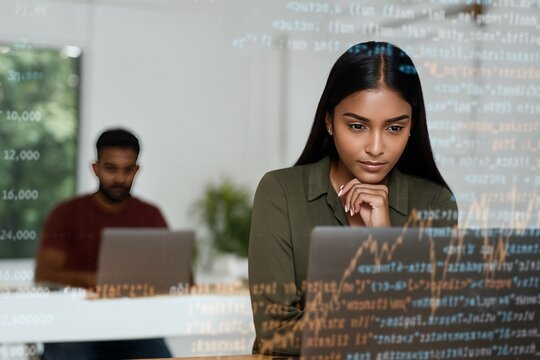 Focused software developer deeply concentrating on debugging code alongside a colleague working on their laptop in a bright office setting.