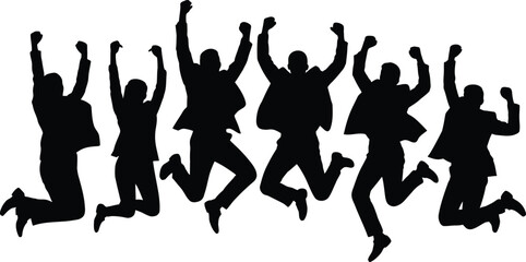 Diverse group of business people celebrating success with joyful jumping silhouettes