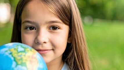 Smiling young girl holding a blue globe against a blurred green background, promoting environmental awareness and global citizenship.