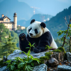 Obraz premium Mountain scenery with panda in China 
