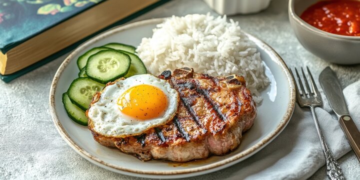 A photograph of an American-style breakfast plate with a grilled pork chop, white rice, and a fried egg on the side, accompanied by sliced vegetables like cucumber or tomato.