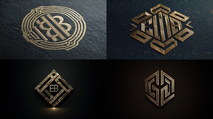 Four golden, textured logos on dark backgrounds, showcasing intricate geometric designs and initials