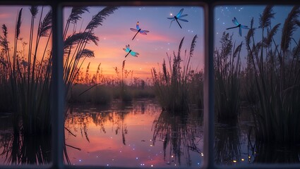 Dragonfly over pond at dusk landscape scene