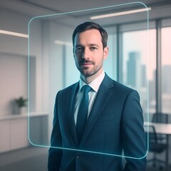 Handsome confident businessman in office wearing suit and tie smiling for portrait