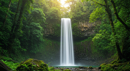 Tall waterfall plummets into a pool surrounded by a lush green forest