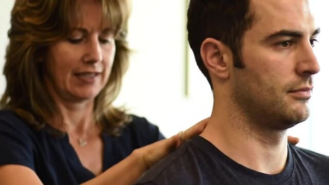 Gentle Touch: Woman Practitioner Performing Upper Body Therapy on Man Patient
