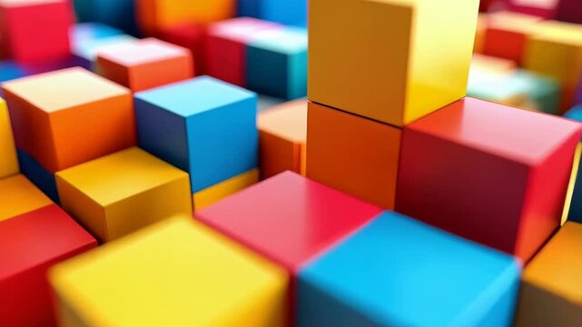 Abstract array of bright, glossy, 3D cubes arranged in an irregular stack pattern with red, orange, yellow, blue, and pink colors.