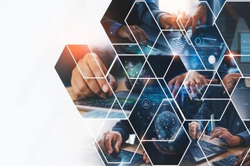 Collaborative Data Analysis: Business Professionals Working with Laptops, Tablets, and Digital Interfaces to Solve Complex Problems with Global Implications for Modern Enterprises