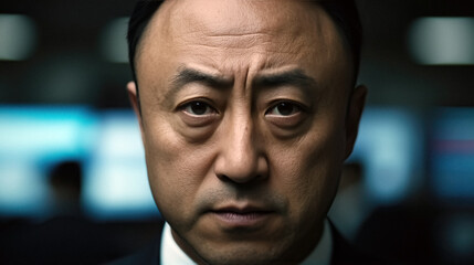 Concentrated Asian man gazes intently, set against a backdrop of technology