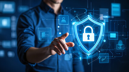 Man interacting with digital cybersecurity shield and virtual icons emphasizing data protection and network security