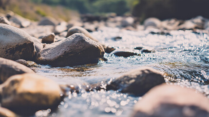 Serene Mountain Stream with Crystal Clear Water Flowing Over Smooth Rocks in Sunlight &ndash; Peaceful Nature Landscape with Soft Focus 