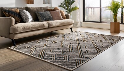 a designer area rug with geometric patterns and a plush pile capturing its modern aesthetic and luxurious comfort