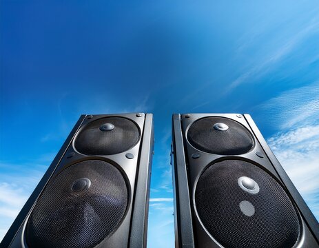 dual outdoor speakers against a vibrant blue sky