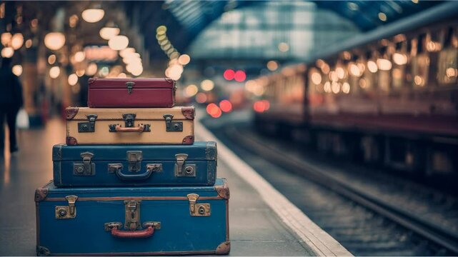 Vintage suitcases stacked at a train station