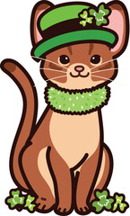 Simple and adorable Saint Patrick's Day illustration of Abyssinian cat sitting in front view