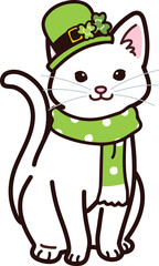 Simple and adorable Saint Patrick's Day illustration of white cat sitting in front view