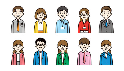 若い男女のビジネスパーソンの、カラフルな上半身イラスト素材セット＿ベクター＿カラー