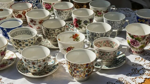 Array of antique teacups on doily fabric