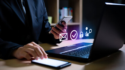 Person Using Mobile Technology for Email Security and Communication Laptop Displaying Security Icons
