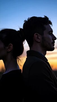Silhouetted couple standing back to back during sunset with a colorful sky, creating a dramatic, emotional scene outdoors.