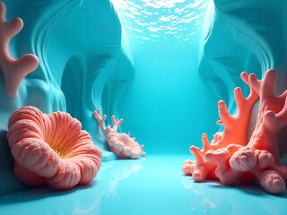 Dreamy underwater scene with vibrant coral formations in a serene, blue environment.