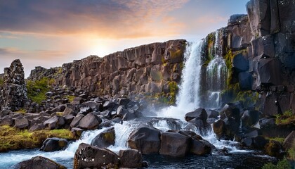 oxararfoss waterfall cascades over rugged basalt cliffs in iceland thingvellir national park capturing the raw power and pristine beauty of nordic nature