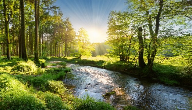 beautiful forest panorama with brook and bright sun shining through the trees
