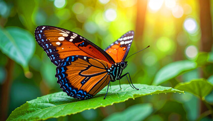 Fototapeta premium Beautiful Orange Butterfly on Leaf in Sunlight Nature Macro