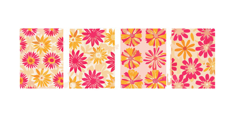 Transparent background: Collection of four vibrant floral patterns in retro pink and yellow, perfect for cheerful designs.

