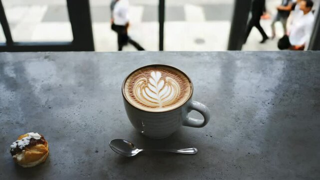 Top View of Latte Art Coffee on Concrete Cafe Table with Busy Street Outside

