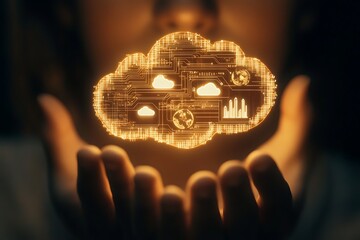 Hands holding a glowing digital cloud interface with circuit board patterns data charts and globe elements