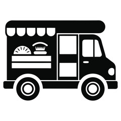 Simple black and white food truck icon with awning and windows.