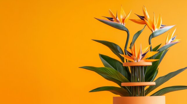 Orange background with vibrant bird of paradise flowers in a modern orange pot.