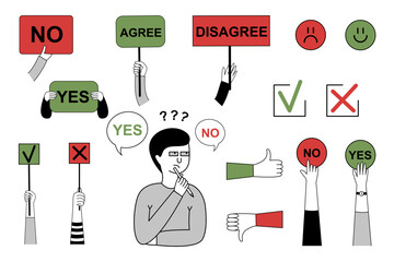 Hand-drawn style vector illustration with people holding signs saying YES, NO, AGREE, DISAGREE. Doodle characters with voting symbols, check marks, thumbs up and down, confused man thinking.