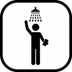 Simple black and white pictogram showing a person taking a shower under a shower head with a sponge for cleanliness.