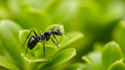 A closeup macro shot of an ant on a green leaf png