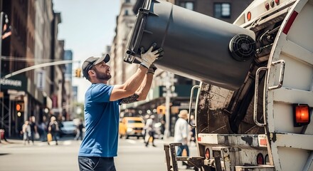 Man wearing gloves and cap lifting a large dark trash can to a garbage truck, representing urban waste management and essential services